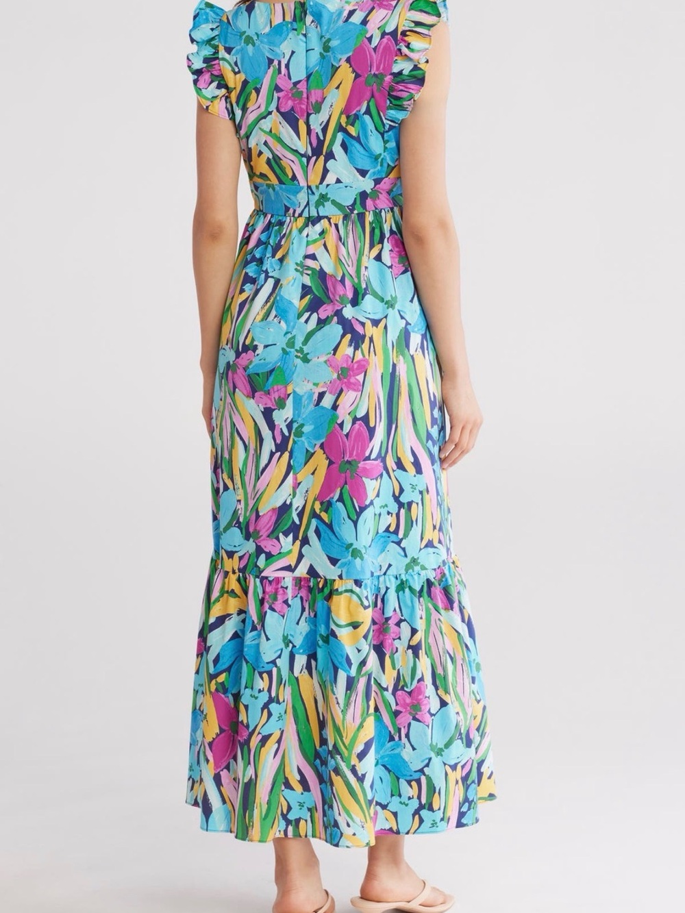 Floral Ruffle V-Neck Maxi Dress Size M Navy/Aqua - Picture 3 of 14